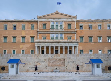 Detachment of the Presidential Guard Evzones in front of the Monument to the Unknown Soldier near the Greek Parliament