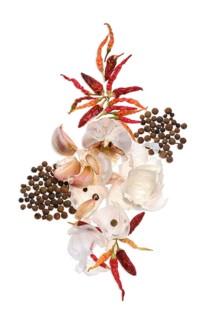 Composition with garlic and chilli pepper isolated on white background