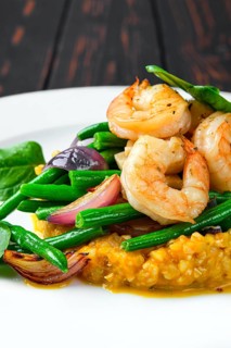 Macro photo of ingredients of salad with shrimp