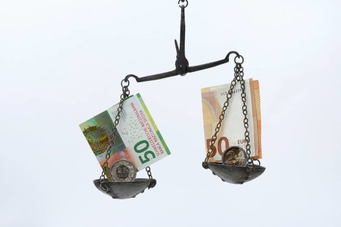 Weighing pan with franc and euro notes
