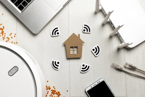 Top view wi fi router with house figurine wireless controlled devices. Resolution and high quality beautiful photo