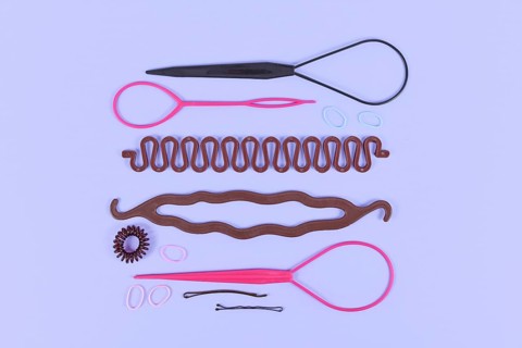 Various hair styling tools like bun maker