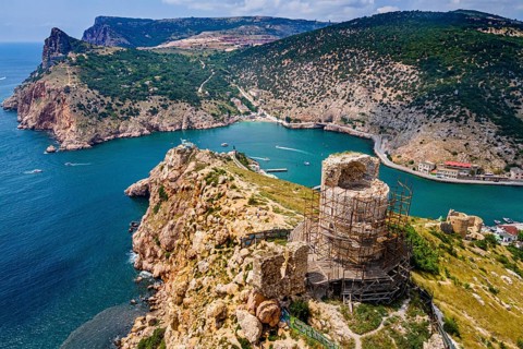 Aerial of the castle and bay of Balaklava