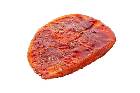 Raw piece of meat with spice and sauce prepered for barbecue. Gastronomy template isolated on white background