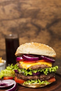 Close up burger wooden tray