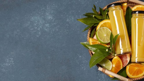 Top view crate with oranges juice with copy space. Resolution and high quality beautiful photo