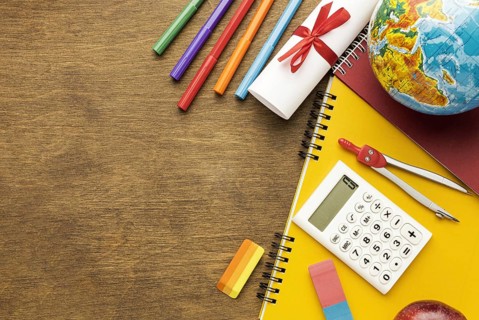 Top view notebook with school supplies copy space. Resolution and high quality beautiful photo