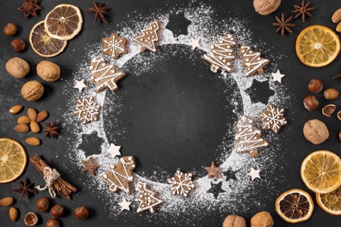Top view gingerbread cookies wreath with dried citrus nuts. Resolution and high quality beautiful photo