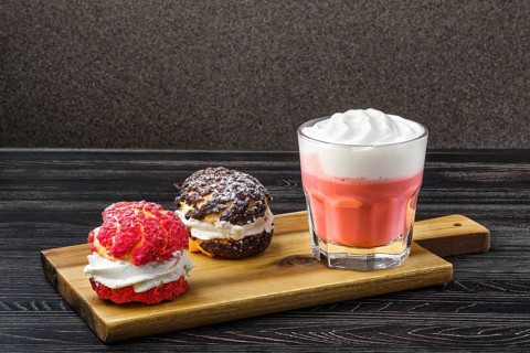 Cake shu and coffee with soft cheese foam