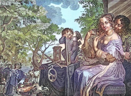 Lover approaches a lady combing her hair