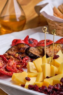 Close up view of set of various appetizers for wine