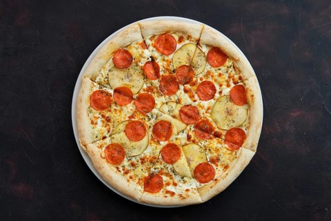 Top view of pizza with sausage