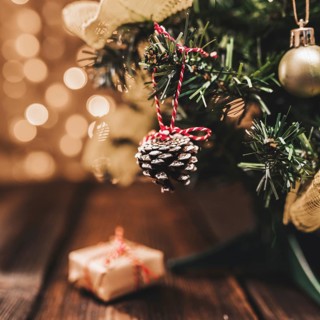 Little decorated fir tree on wood desk