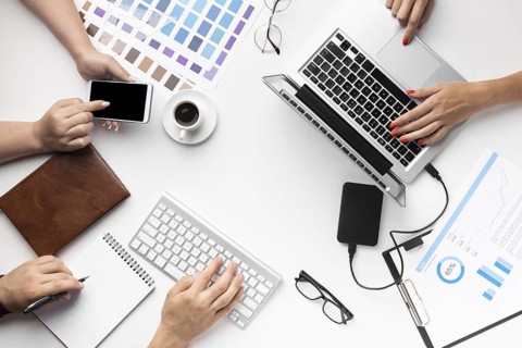 Top view office desk assortment for graphic designers. Resolution and high quality beautiful photo