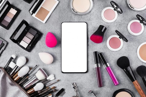Top view makeup desk concept with copy space. Resolution and high quality beautiful photo