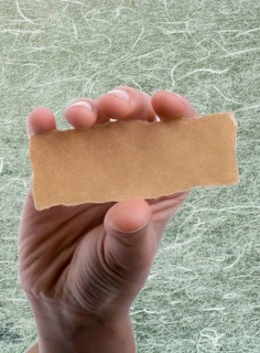 Hand holding a piece of blank torn notepaper