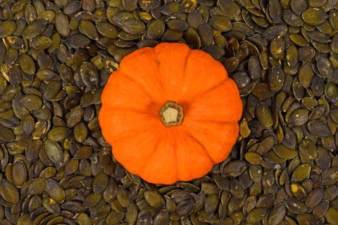 Small orange squash surrounded by green pumpkin seeds