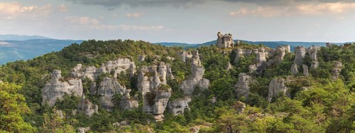 Rocks with strange shapes in the chaos of Montpellier-le-Vieux in the cevennes national park. Panorama