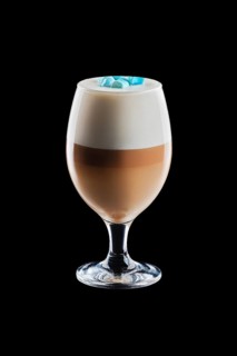 Big transparent glass with layered latte isolated on black background