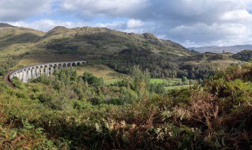 Glenfinnan Viaduct from the Harry Potter films with steam locomotive