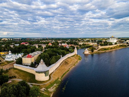 Aerial of the kremlin of the Unesco site Pskov