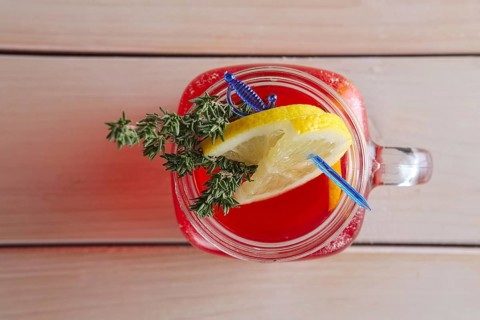 Cup of cranberry juice with citrus and rosemary