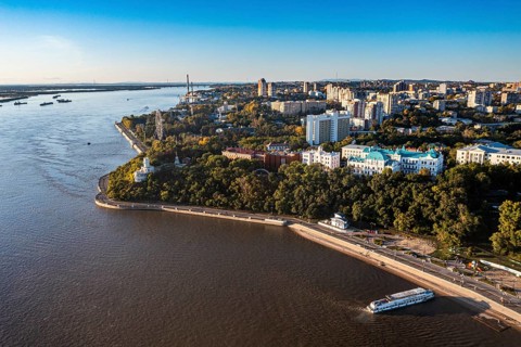 Aerial of Khabarovsk and the Amur river