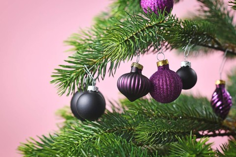 Close up of beautiful purple glass tree bauble with violet and black decorated Christmas on light pink background