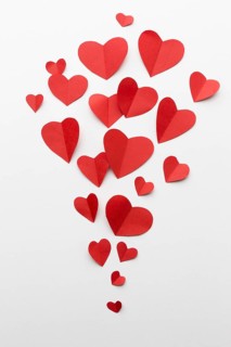 Flat lay paper heart shapes valentines day