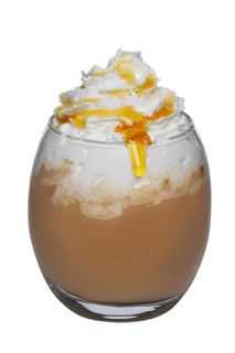 Transparent glass of coffee cocktail with whipped cream and syrup