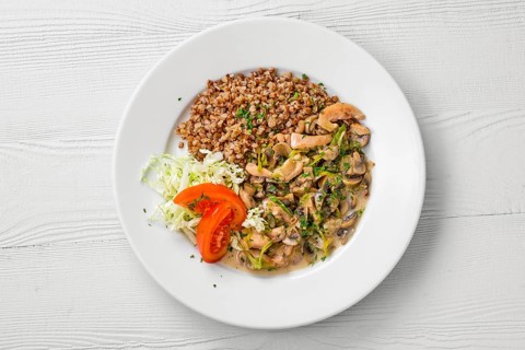Top view of plate with chicken goulash