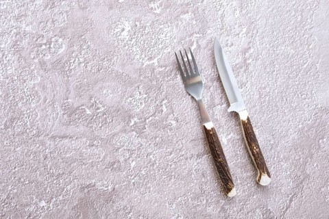 Top view of concrete surface with camping fork and knife with horn handle