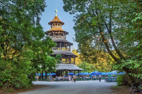 Beer garden at the Chinese Tower in the English Garden in the evening sun