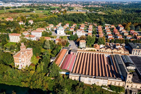 Aerial of the Unesco world heritage site "company town". Crespi dÂ´Adda