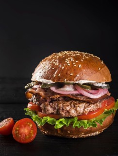 Ready be served classic hamburger with cherry tomatoes 1