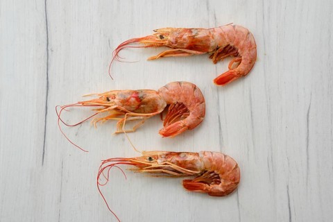 Three fresh raw prawns on wooden background
