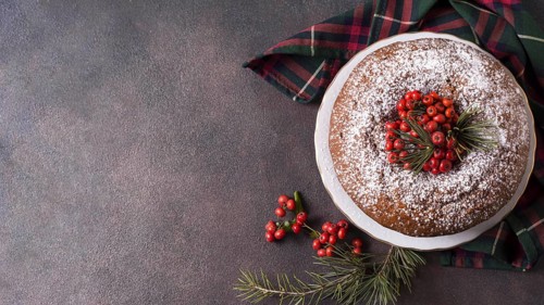 Top view christmas cake with copy space red berries. Resolution and high quality beautiful photo
