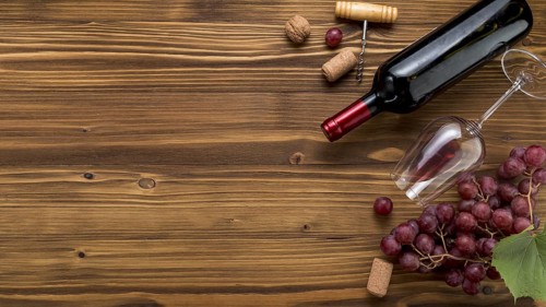 Top view wine bottle with glass wooden background. Resolution and high quality beautiful photo