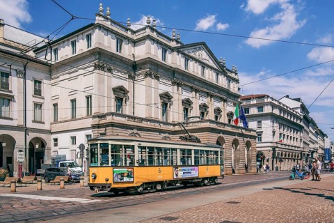 Historic tram in front of La Scala in Milan