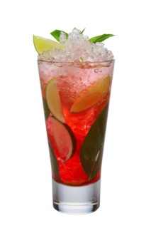 Black currant ice cocktail with lime and mint isolated on white background