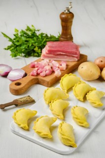 Frozen dumplings with bacon and potato