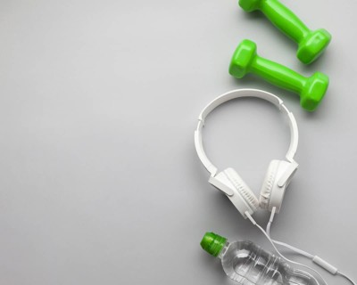 Top view arrangement with green dumbbells copy space. Resolution and high quality beautiful photo