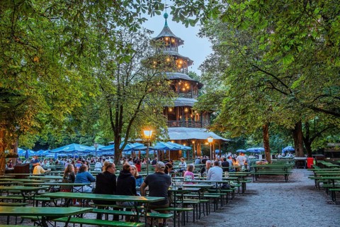 Beer garden at the Chinese Tower in the English Garden at dusk