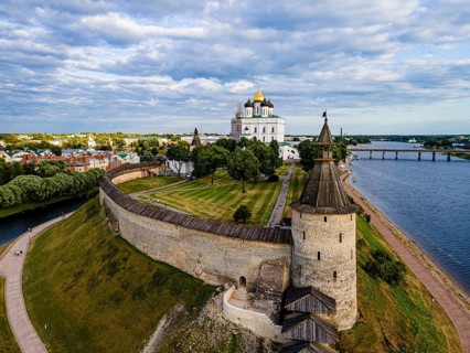 Aerial of the kremlin of the Unesco site Pskov