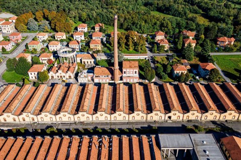 Aerial of the Unesco world heritage site "company town". Crespi dÂ´Adda