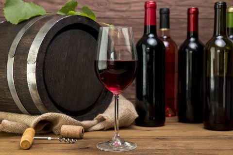 Wooden barrel with bottles glasses wine. Resolution and high quality beautiful photo