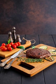 Juicy grilled beef steak and zucchini served with fresh tomato cherry and basil on wooden cutting board