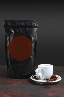 Cup of coffee and vacuum coffee package. Pack template for your design and branding