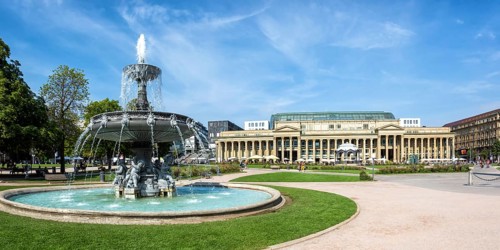 Schlossplatz with fountain travelling city panorama in Stuttgart
