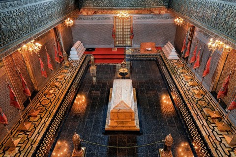 Magnificently decorated mausoleum of King Mohammed V with the sarcophagus